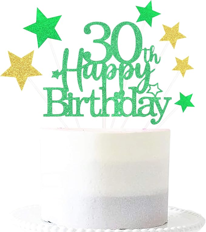 Glittery 30th Happy Birthday Cake Topper with Star,Personalised 30 Birthday Cake Toppers Party Decorations Party Supplies for Boys Girls Green Gold