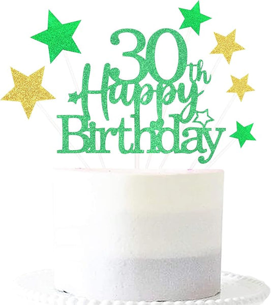 Glittery 30th Happy Birthday Cake Topper with Star,Personalised 30 Birthday Cake Toppers Party Decorations Party Supplies for Boys Girls Green Gold