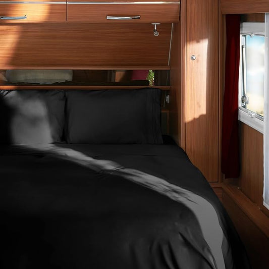 Mellanni RV Short Queen Sheets - 4 PC Iconic Collection Bedding - Hotel Luxury, Extra Soft, Cooling Bed Sheets - Deep Pocket up to 10 inch (RV/Short Queen, Black)