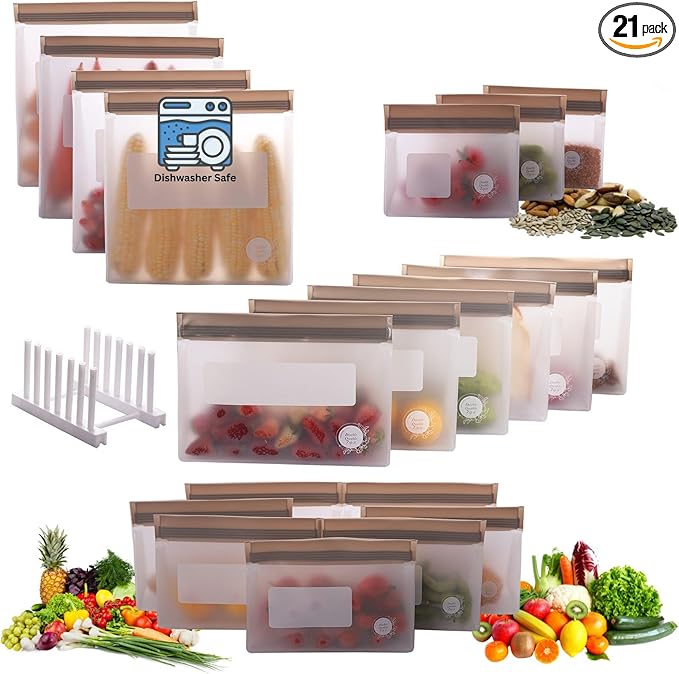 Reusable Silicone Food Storage Bags – 21-Pack Stand-Up, BPA-Free, Freezer, Dishwasher Safe & Eco-Friendly – 4 Gal, 6 L, 7 M, 3 S + Rack – Airtight Leakproof Sandwich, Snack, and Meal Prep Bags (Grey)