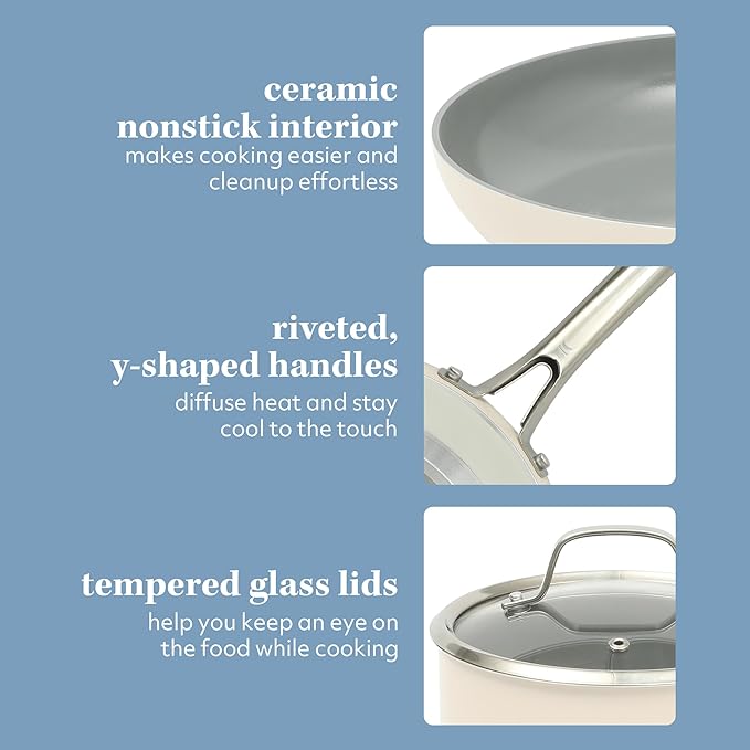 Sur La Table Kitchen Essentials Viva La Cantina 10 Piece PFA Free Titanium Ceramic Nonstick Interior Forged Aluminum Cookware Pots and Pans Set - 2 Tone White & Silver - Induction Compatible