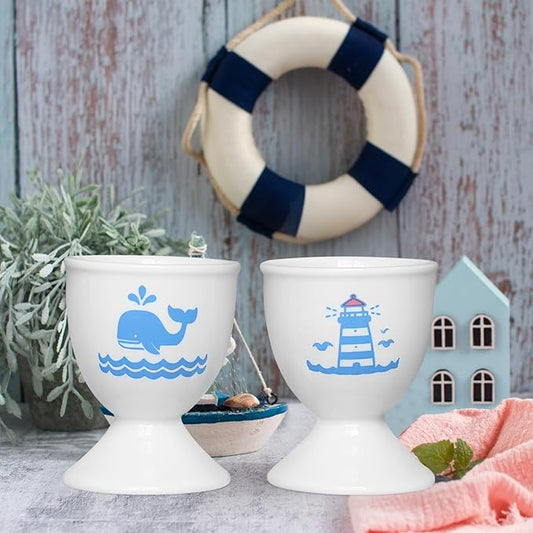 Cinf Ceramic Egg Cup Set of 2 Porcelain Holder Breakfast Boiled Cooking Easy to Clean Childhood Memories Kitchen(Lighthouse Whale)