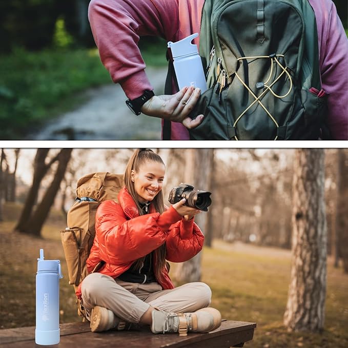 Lexlion Tea Infuser Water Bottle 22 Oz, Triple Walled Insulated Stainless Steel Bottle, Thermal Fruit Leaf Infuser, Silicone Sleeve, 3 Lids Leakproof, Metal Mug Gallon