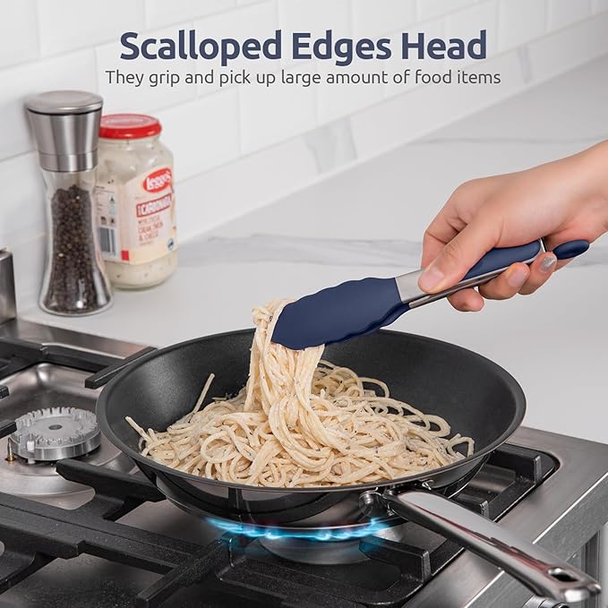 480ºF Heat Proof Kitchen Tong: U-Taste 7" Silicone Cooking Tong with Firm Sealed Non Stick Rubber Tips & Silicon Coated 18/8 Stainless Steel Handle & Smooth Locking for Serving Salad (Midnight Blue)