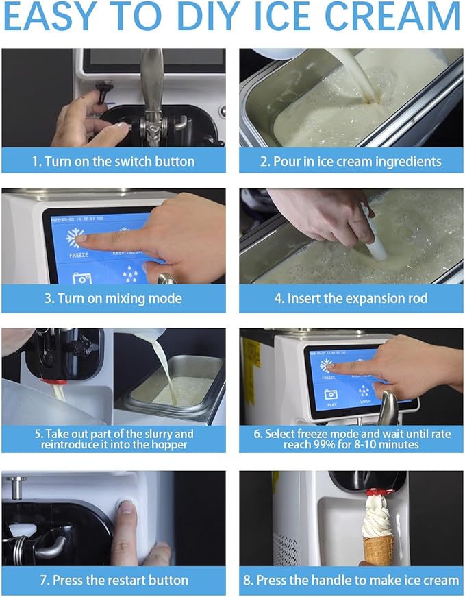 Soft Serve Ice Cream Machine, 7 Inch Screen Ice Cream Maker Machine 4.2 to 4.6 Gal/H Ice Cream Maker Machine with Pre-Cooling Soft Serve Machine with 1.6 Gals Tank for Party Store School Home ETL