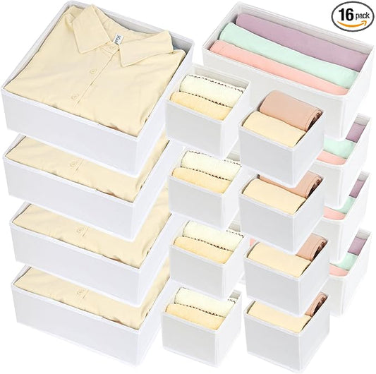 16 Pcs Drawer Organizer,Fabric Closet Organizer and Storage Baskets,Foldable Drawer Divider for Clothing,Sock,Ties,Underwear Drawer Organizers,Cabinet Storage Boxes (White)