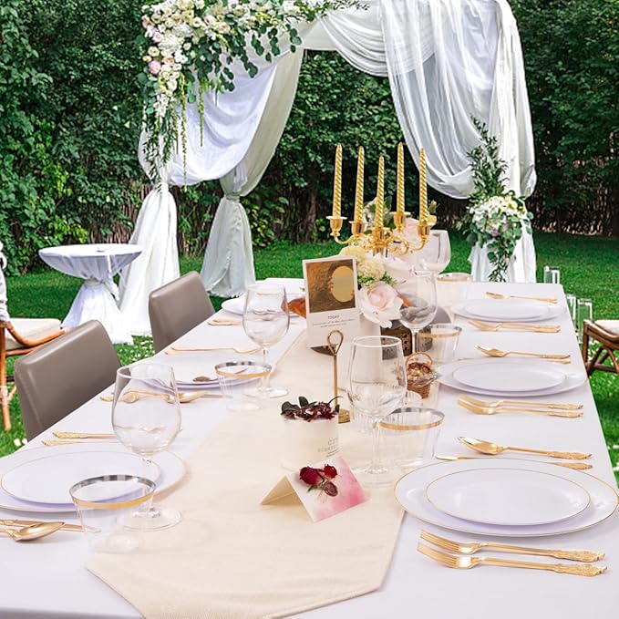 KIRE 100PCS Disposable Plates - White with Gold Rim for Party/Wedding - Includes 50Pieces 10.25inch Dinner and 50Pieces 7.5inch Dessert/Salad Plates