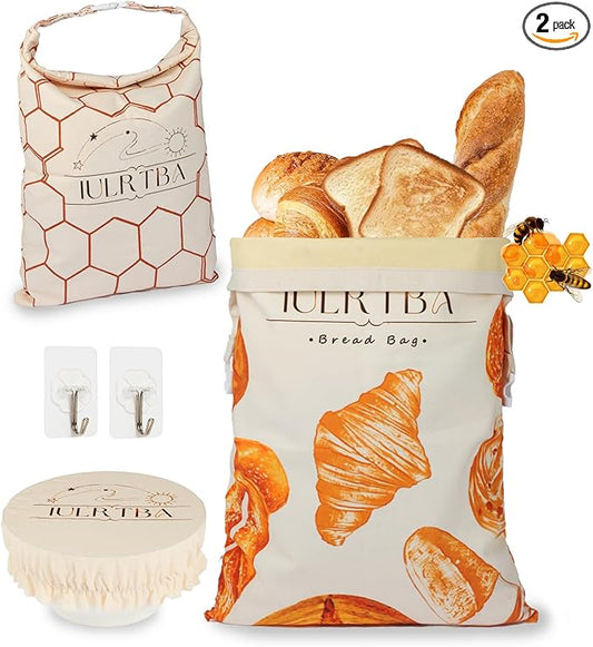 Bread Bags for Homemade Bread Sourdough - 2 Pack Beeswax Bread Bags for Sourdough with Bowl Cover, Reusable Linen Bread Storage Bags with Roll Top Buckle and Hooks for Freezer, Counter and Wall, XL