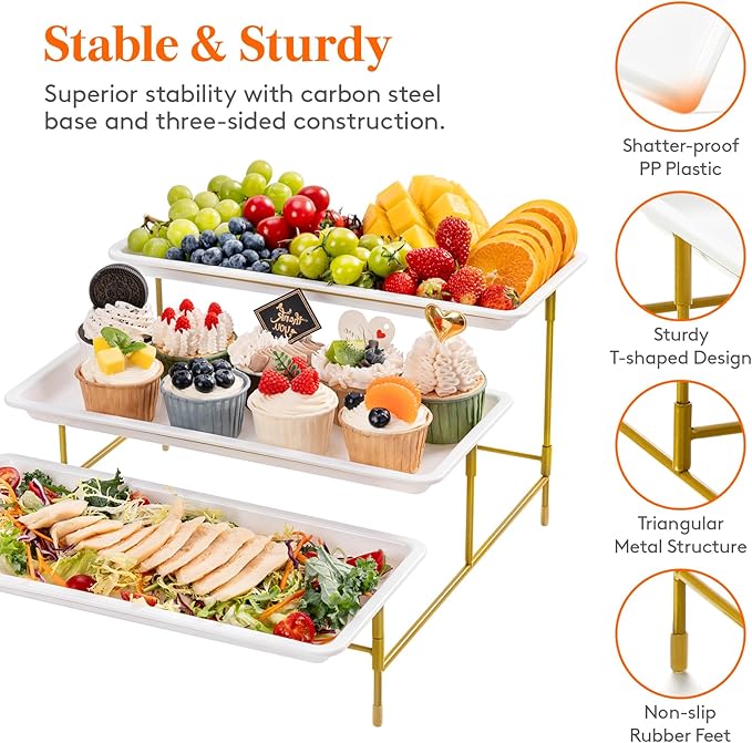 Lifewit Plastic 3 Tier Serving Tray for Party Supplies, 14" x 6.5" Crack-Proof Platters for Serving Food, White Reusable Trays with Yellow Metal Display Stand for Veggie, Fruit, Cookies, Dessert