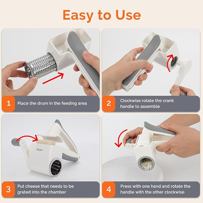 Patented Rotary Parmesan Cheese Grater, Hand Crank Cheese Shredder with Fine & Coarse Drums, Restaurant Quality, White, Stainless Steel & ABS, Dishwasher Safe