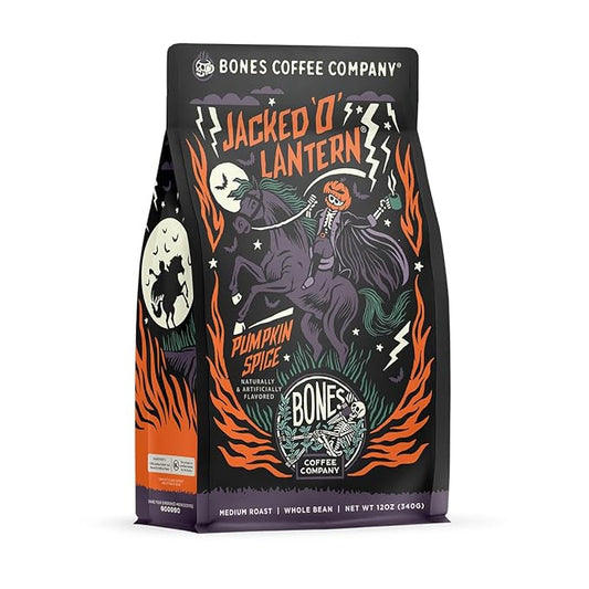 Bones Coffee Company Jacked 'O' Lantern, Pumpkin Spice Flavored Coffee, Medium Roast Low Acid Arabica Beans Compatible with Auto drip and French Press Coffee Maker, 12 Oz Ground