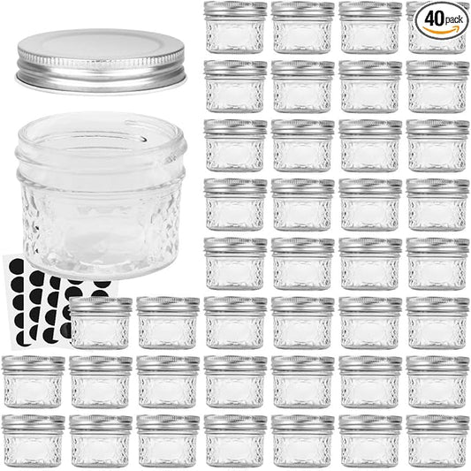 VERONES Mason Jars Canning Jars, 4 OZ Jelly Jars With One Piece Regular Lids, Ideal for Jam, Honey, Wedding Shower Favors, DIY Spice Jars, 40 PACK