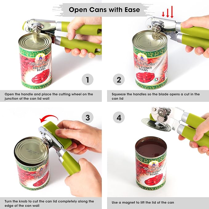 Beneno Can Opener Manual with Magnet, Hand Held Heavy Duty Can Opener with Durable Sharp Blade Smooth Edge, Big Effort-Saving Knob, Soft Grip Rubber Handle, Multifunctional Bottle Opener, Lime Green