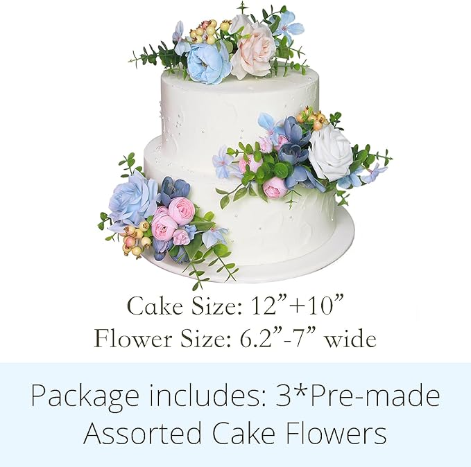 Rinlong 3Pcs Baby Blue Pink Cake Topper Pre-made Cake Decorations Pastel Blush Wedding Cake Decorating Flowers Cake Decor for Baptism Girl Women Birthday Party