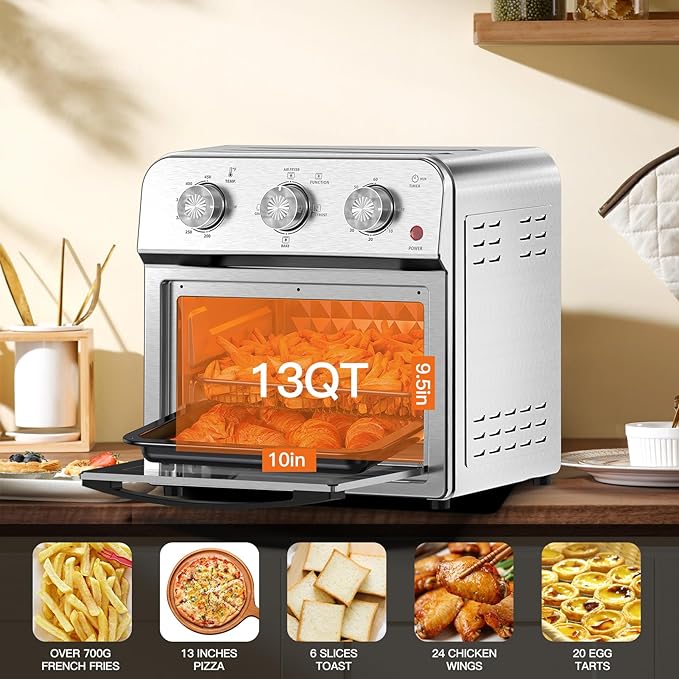 PlumChef 13 Quart 4 Slices Air Fryer Convection Toaster Oven, 1500W, Multifunction Oven for Roast, Bake, Grill, Broil, Toast（stainless steel）