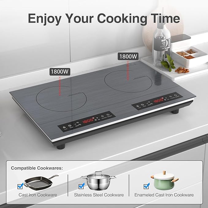 VBGK Double Induction Cooktop, 24 inch 4000W Electric cooktop with hot plate, induction stove top with LED Touch Screen 9 Levels Settings with Child Safety Lock & Timer 110V Induction cooktop 2 burner