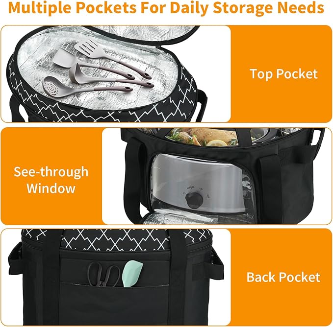 Slow Cooker Carrying Bag Compatible with 6-8 Quart CrockPot and Hamlton Beach,Double-Layer Insulated Carrier Case with Lid Fastener and See-through Window,Bag Only