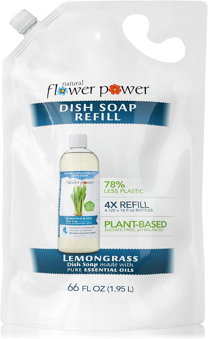 Liquid Dish Soap Refill – 66 Fl Oz Refills 4X – Plant-Based & Scented w/Pure Essential Oils – Natural Dishwashing Detergent – Sulfate-Free Kitchen Soap (Lemongrass)