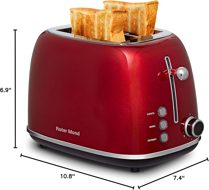 2 Slice Toaster Retro Stainless Steel with Bagel, Cancel, and Defrost Functions, 6 Bread Shade Settings, Extra Wide Slots and Removable Crumb Tray, Red
