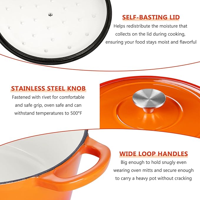 E-far 6 Quart Dutch Oven, Enameled Cast Iron Dutch Oven Pot with Lid, Nonstick Round Cookware for Braising/Stews/Roasting/Bread Baking/Cooking, Heavy Duty, Induction & Oven Safe - Orange