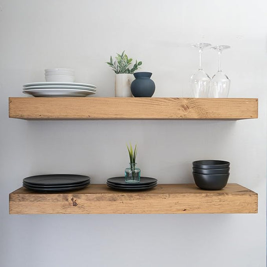Modern Floating Shelves 3 Inches Thick for Wall, Wide Shelves for Kitchen, Living Room, Bedroom, and Bathroom, Natural Pine Wood, Rustic Wooden Shelf, (Set of 2) (Aged Oak, 48Lx3Hx8D)