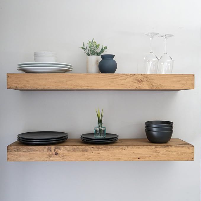 Modern Floating Shelves 3 Inches Thick for Wall, Wide Shelves for Kitchen, Living Room, Bedroom, and Bathroom, Natural Pine Wood, Rustic Wooden Shelf, (Set of 2) (Aged Oak, 24Lx3Hx8D)