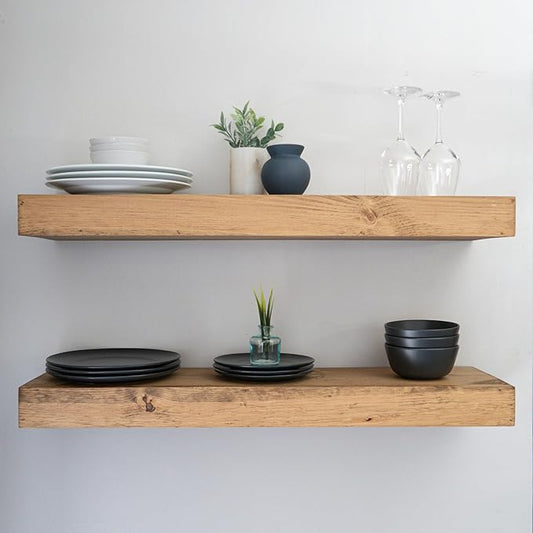 Modern Floating Shelves 3 Inches Thick for Wall, Wide Shelves for Kitchen, Living Room, Bedroom, and Bathroom, Natural Pine Wood, Rustic Wooden Shelf, (Set of 2) (Aged Oak, 24Lx3Hx8D)