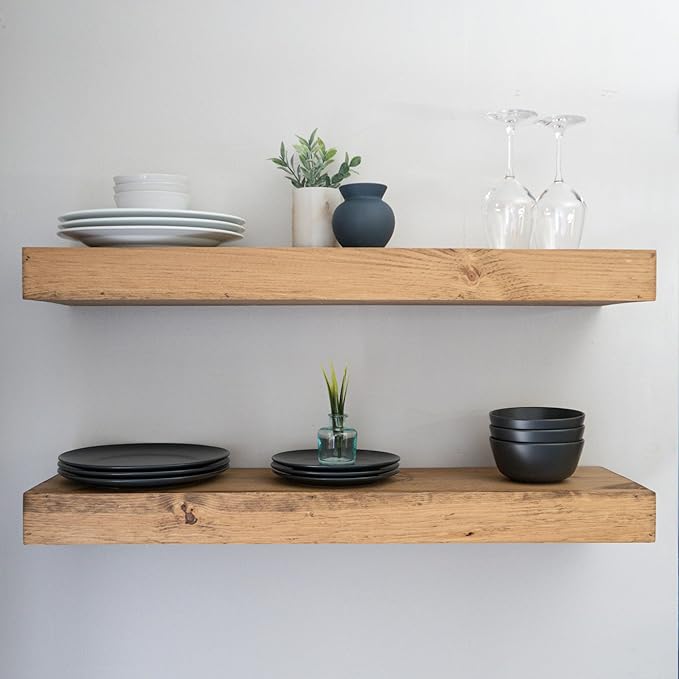 Modern Floating Shelves 3 Inches Thick for Wall, Wide Shelves for Kitchen, Living Room, Bedroom, and Bathroom, Natural Pine Wood, Rustic Wooden Shelf, (Set of 2) (Aged Oak, 24Lx3Hx6D)