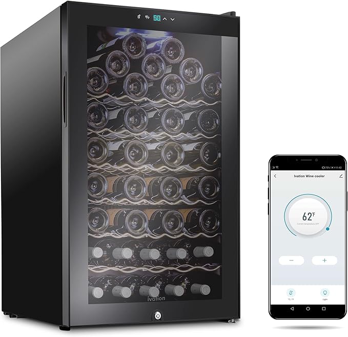Ivation 51 Bottle Compressor Wine Cooler Refrigerator with Wi-Fi Smart App Control Cooling System | Large Freestanding Wine Cellar Fridge For Red White Champagne or Sparkling, Black Glass Door & Lock