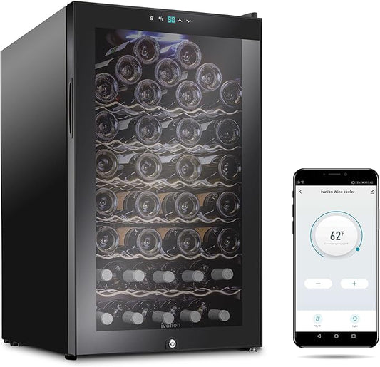 Ivation 51 Bottle Compressor Wine Cooler Refrigerator with Wi-Fi Smart App Control Cooling System | Large Freestanding Wine Cellar Fridge For Red White Champagne or Sparkling, Black Glass Door & Lock