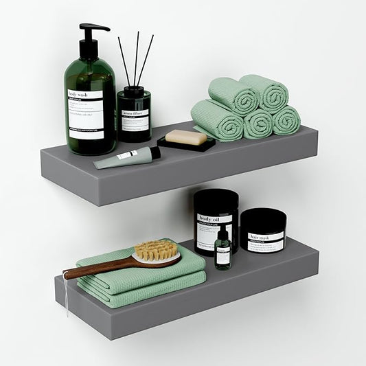 Homeforia Gray Floating Bathroom Shelves, High End Solid Real Wood 16 inch Small Floating Shelf for Wall Mounted, Grey Wooden 16 in Floating Shelves, Heavy Duty Bracket, 16 X 6.5 X 1.75 inch, Set of 2