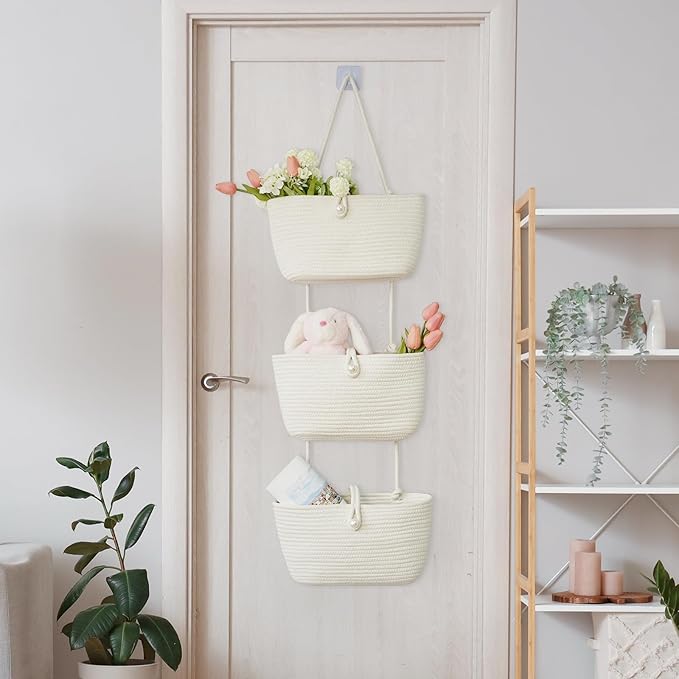 TeoKJ 3-Tier Hanging Baskets for Storage with Pearl Button Strap, Over The Door Storage Baskets for Bathroom, Bedroom, Closet, Door Storage Organizer for Decoration, White