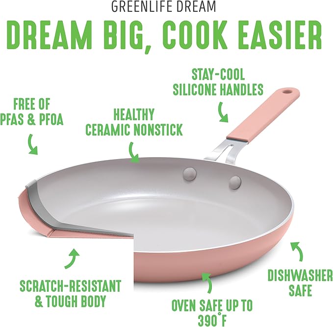 GreenLife 8” & 10” 2 Piece Nonstick Ceramic Frying Pan Set, Lightweight Healthy PFAS-Free Skillets, Dishwasher & Oven Safe, Durable Body, Silicone Stay-Cool Handles, Easy Release, Pink