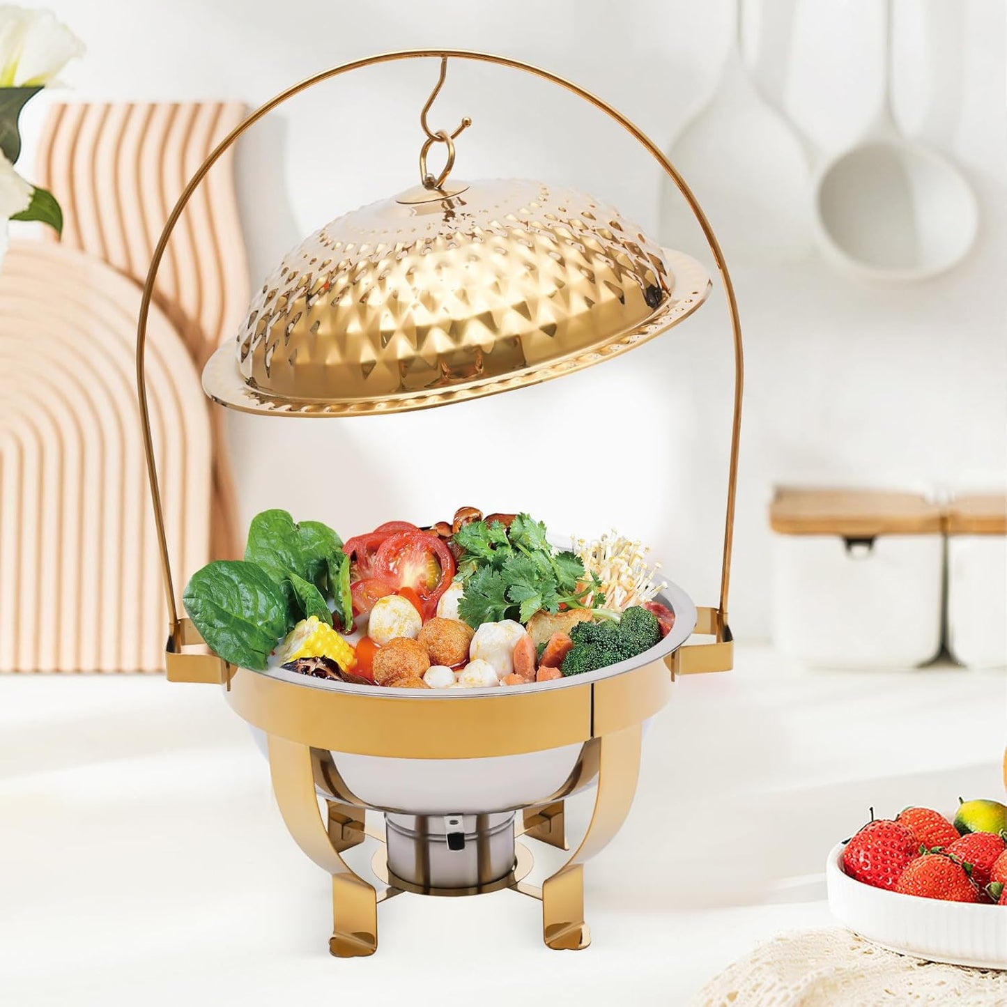 Chafing Dish Buffet Set Silver Accent, 4.5L Round Stainless Steel Chafer, Upgraded Buffet Servers and Warmers Set Warming Tray for Wedding, Parties, Banquet and Events (Gold)