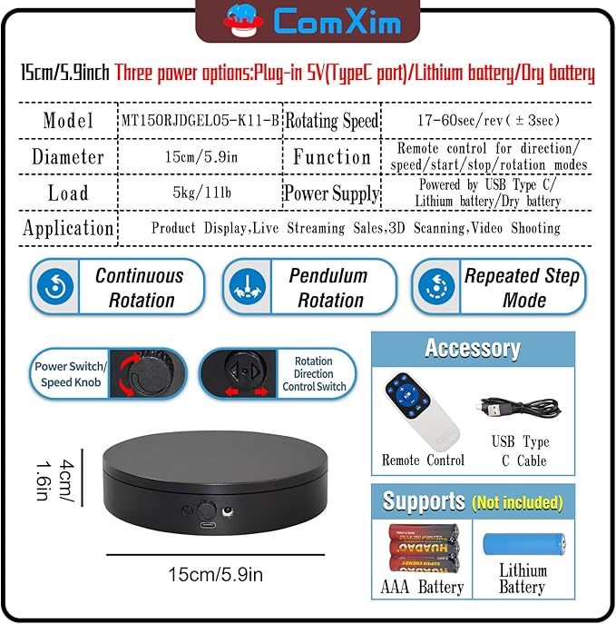 Motorized Rotating Display Stand with Remote, 5.91in 360 Electric Turntable for Display,Photography,3D Scanner Models, Motorized Lazy Susan and Photography Turntable Control Angle/Speed,Step/Swing/Continuous Rotation