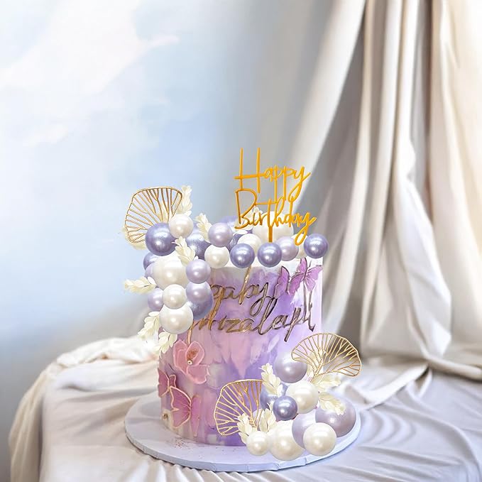 Gyufise 57Pcs Purple Balls Cake Topper Boho Grass Cake topper Pearl Balls Acrylic Happy Birthday Cake Decorations for Wedding Baby Shower Birthday Boho Themed Party Supplies Pearl Purple