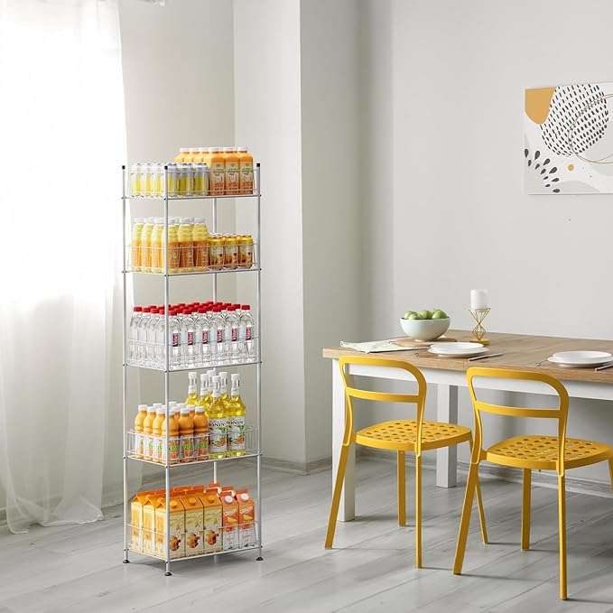 Water Bottle Storage Organizer 5 Tier Metal Water Bottle Holder Shelf Drink Beverage Soda Can Organizer Rack Bottled Water Stand for Floor Classroom Kitchen Food Storage, Silver