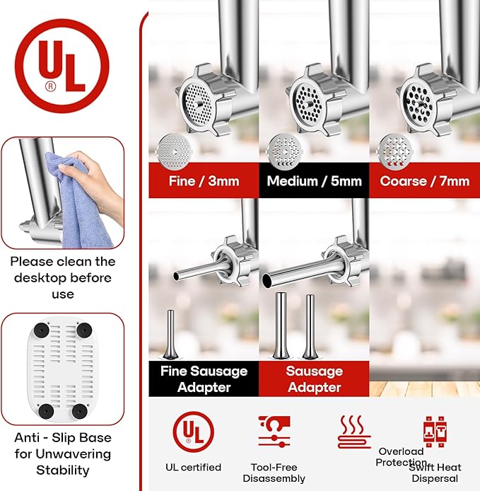 GVODE Electric Meat Grinder & Sausage Stuffer - 700W Max Power, 3 Sausage Tubes, 2 Blades, 4 Plates - Home Use Meat Smasher for Ground Beef & Sausage Maker Machine