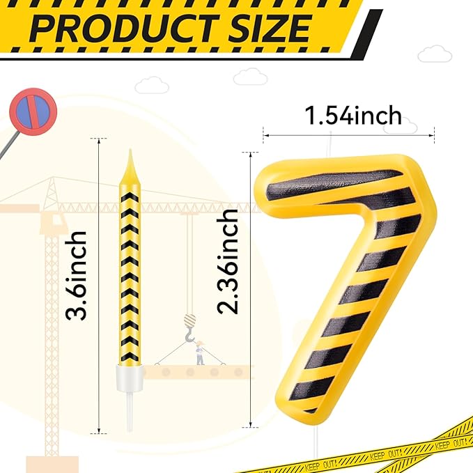 13 Pcs Construction Themed Birthday Candles Set Yellow and Black Number 7 Candle Cake Topper for Construction Party Decoration Supplies (Number 7)