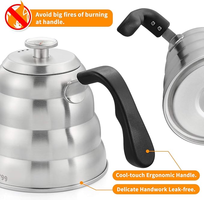 Pour Over Coffee Kettle with Thermometer for Exact Temperature 40 fl oz - Premium Stainless Steel Gooseneck Tea Kettle for Drip Coffee, French Press and Tea - Works on Stove and Any Heat Source