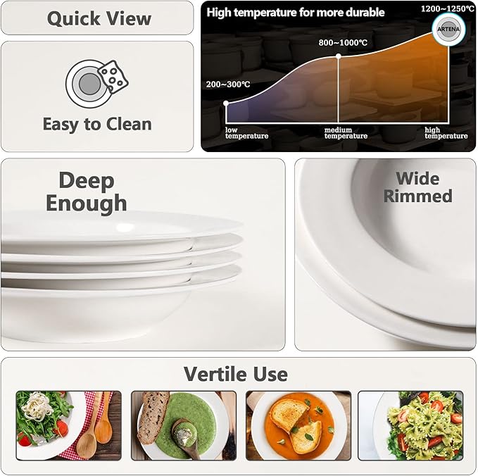 Artena Pasta Bowls 20oz, Large Salad Serving Bowls, 10 inch White Soup Bowl, Porcelain Pasta Bowl Set of 4, Rimmed Deep Pasta Plates, Wide and Shallow for Dinner, Microwave Dishwasher Safe