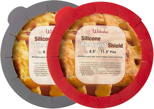 Webake Pie Crust Protector Shield Adjustable Pie Crust Shield Fits 11.5-9 Inch Pie Pan, European Food Grade Silicone Pinch Test Passed, for Baking Party Pie Tart, Pack of 2, Red and Grey