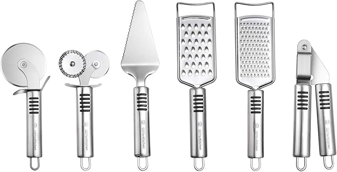 Pizza Cutter Set Stainless Steel Kitchen Gadget Set (6 PCS Set) - Includes Pizza Cutter Wheel, Chocolate & Cheese Grater, Serrated Pie & Cake Server, Garlic Press, Free Brush and Bonus Oven Mitt
