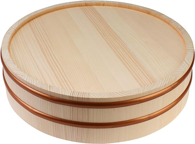 Kichgather Wooden Sushi Rice Bowl with Lid Hangiri Sushi Oke Sushi Rice Mixing Tub (10.6 “ with lid)