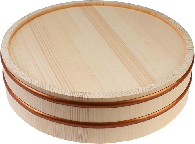 Kichgather Wooden Sushi Rice Bowl with Lid Hangiri Sushi Oke Sushi Rice Mixing Tub (11.8 ” with lid)