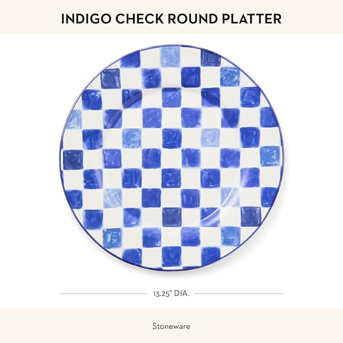 MACKENZIE-CHILDS Round Platter, Dishwasher-Safe and Microwave-Safe Stoneware Serving Platter, Indigo Check