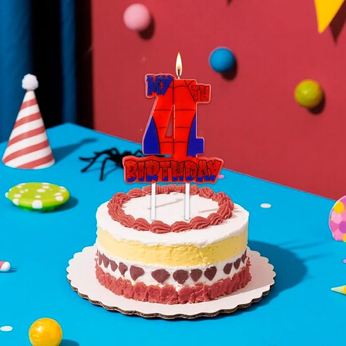 Spider Birthday Party Decorations, Number 4 Red Spider Web Happy Birthday Cake Candle for Boys Girls Spider Web 4th Birthday Party Supplies (Spider Web 4th Candle)