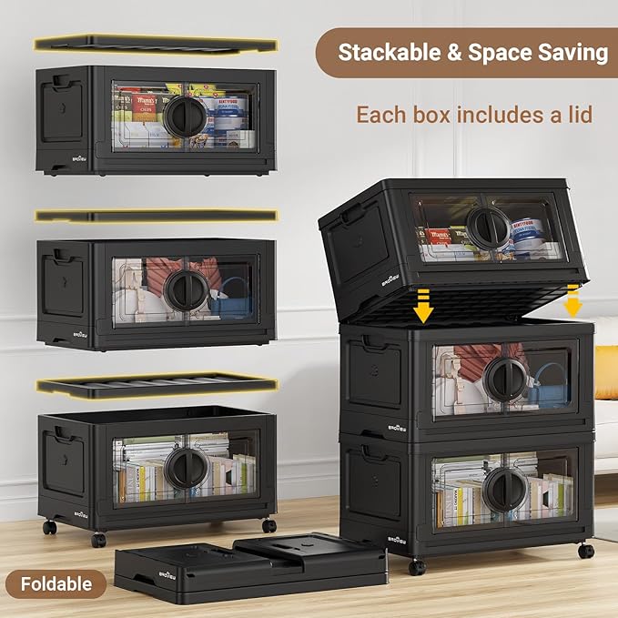 480Qt Lockable Stackable Storage Bins with Lids, Closet Organizers and Storage Drawer, Collapsible Storage Bin with Wheels, Plastic Cabinet for Toy Clothes Dorm Organizer, V9 4 Pack Black