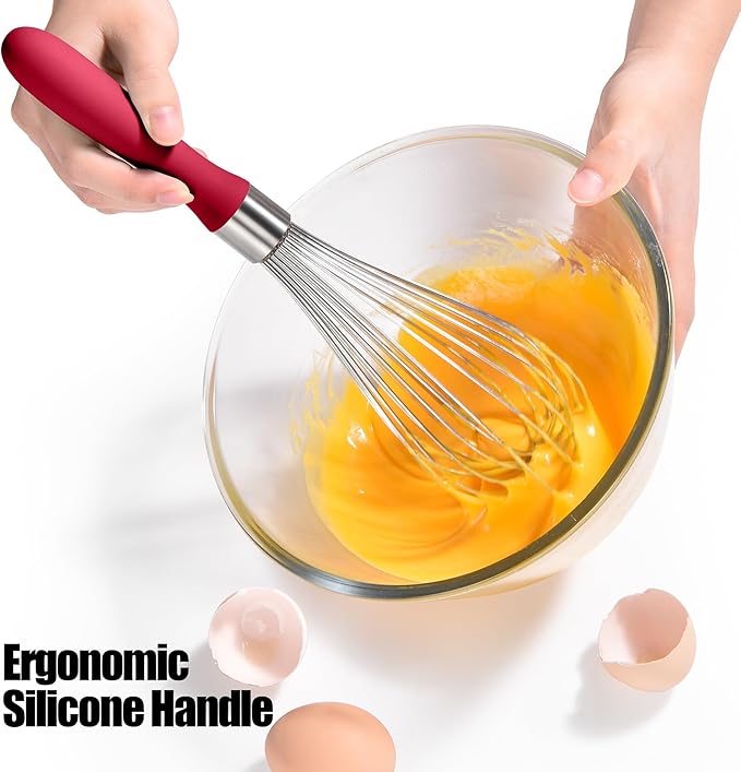 18/8 Stainless Steel Balloon Whisk, Doosu Kitchen Whisk for Cooking Handheld Egg Beater with Rust-Proof Sturdy Wires & Non-Slip Silicone Handle for Beating, Stirring, Blending (12 Wires, Red)