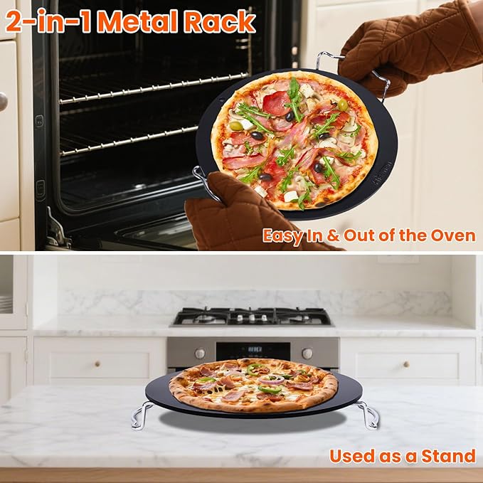 Hisencn 13" Round Pizza Steel for Oven & Grill – Ceramic Baking Steel Pizza Stone Set with Rack, Pizza Peel, Cutter & Dough Scraper, Crack-Resistant & High Heat Conductivity for Crispy Crust